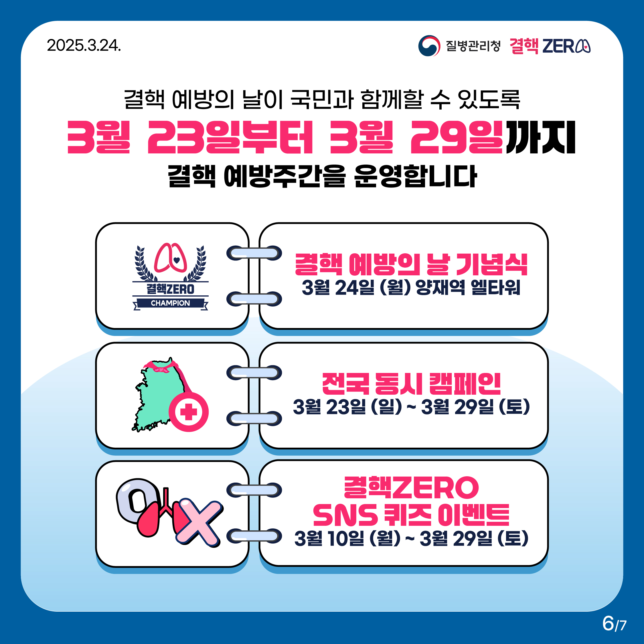 2025.3.24. 결핵ZERO 질병관리청 결핵 예방의 날이 국민과 함께할 수 있도록 3월 23일부터 3월 29일까지 결핵 예방주간을 운영합니다 결핵 예방의 날 기념식 3월 24일(월) 양재역 엘타워 전국 동시 캠페인 3월 23일(일)~3월 29일(토) 결핵ZERO SNS퀴즈 이벤트 3월 10일(월)~3월 29일(토)